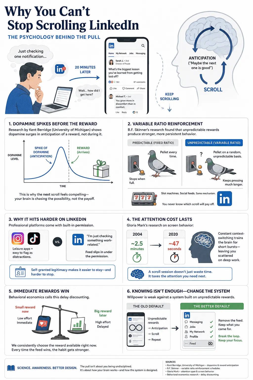 Infographic: The psychology behind why you can't stop scrolling LinkedIn — dopamine, variable ratio reinforcement, and attention costs.